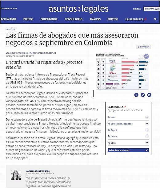 Las firmas de abogados que ms asesoraron negocios a septiembre en Colombia